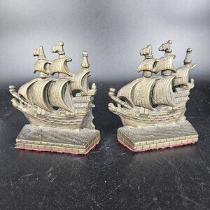 Vintage Cast Metal Ship Bookends Galleon Nautical Pair Brass Finish Book Ends